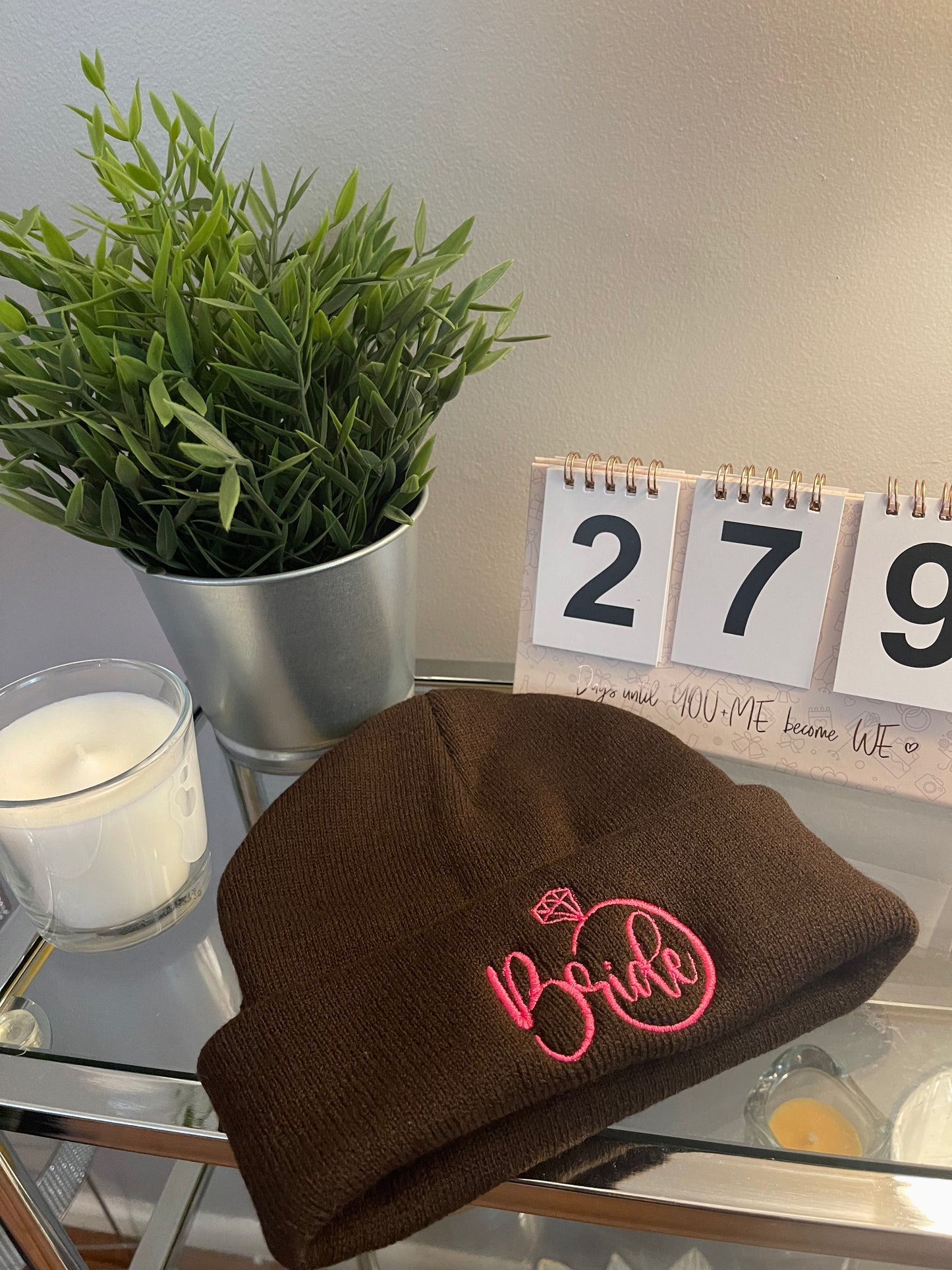 Brown embroidered Bride Beanie with hot pink thread and diamond ring detail - custom bridal winter hat by Rare Tagz