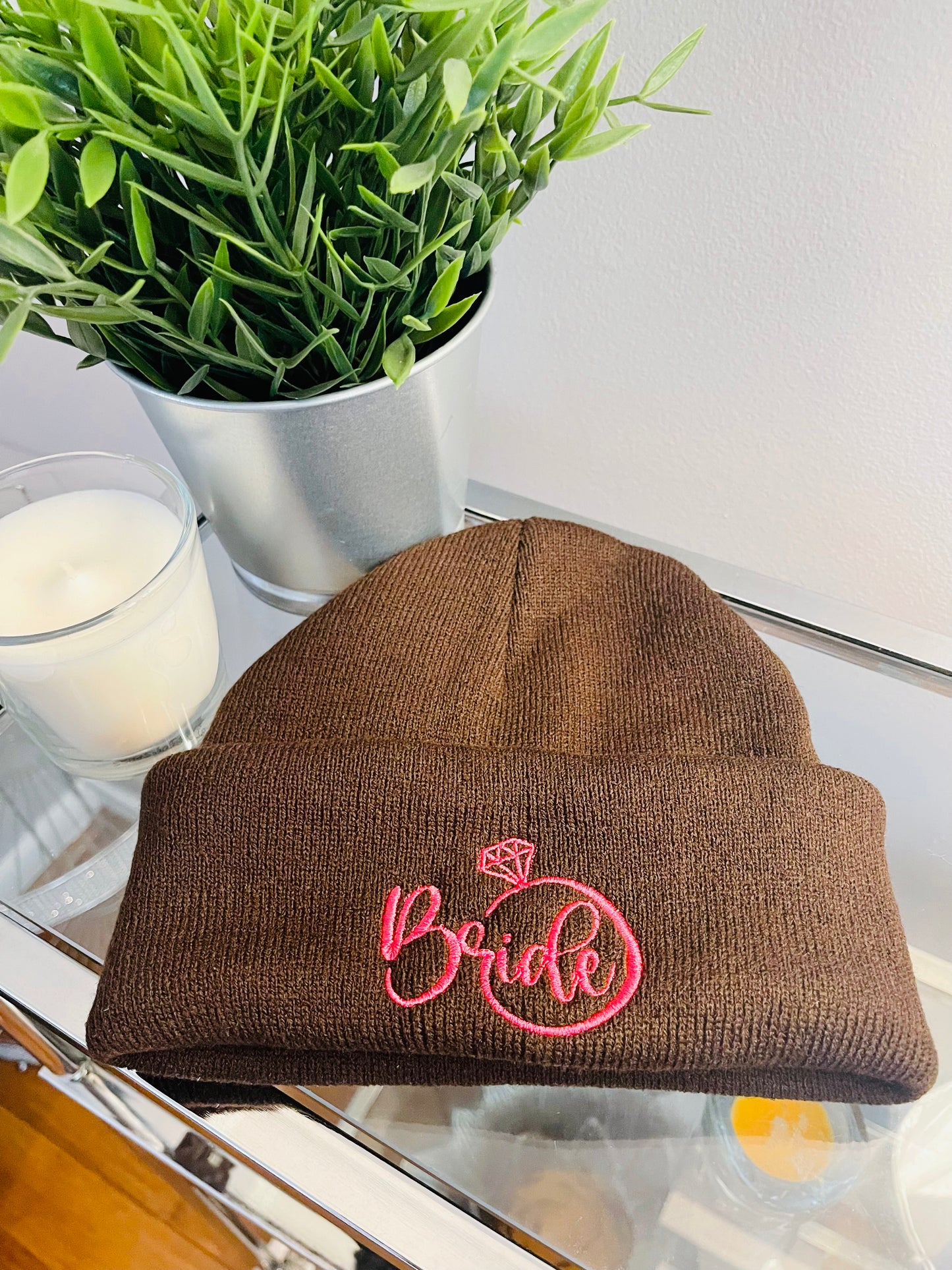 Brown embroidered Bride Beanie with hot pink thread and diamond ring detail - custom bridal winter hat by Rare Tagz