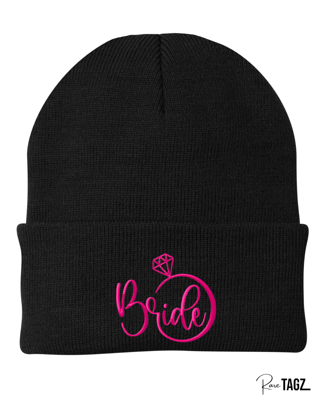 Black embroidered Bride Beanie with hot pink thread and diamond ring detail - custom bridal winter hat by Rare Tagz