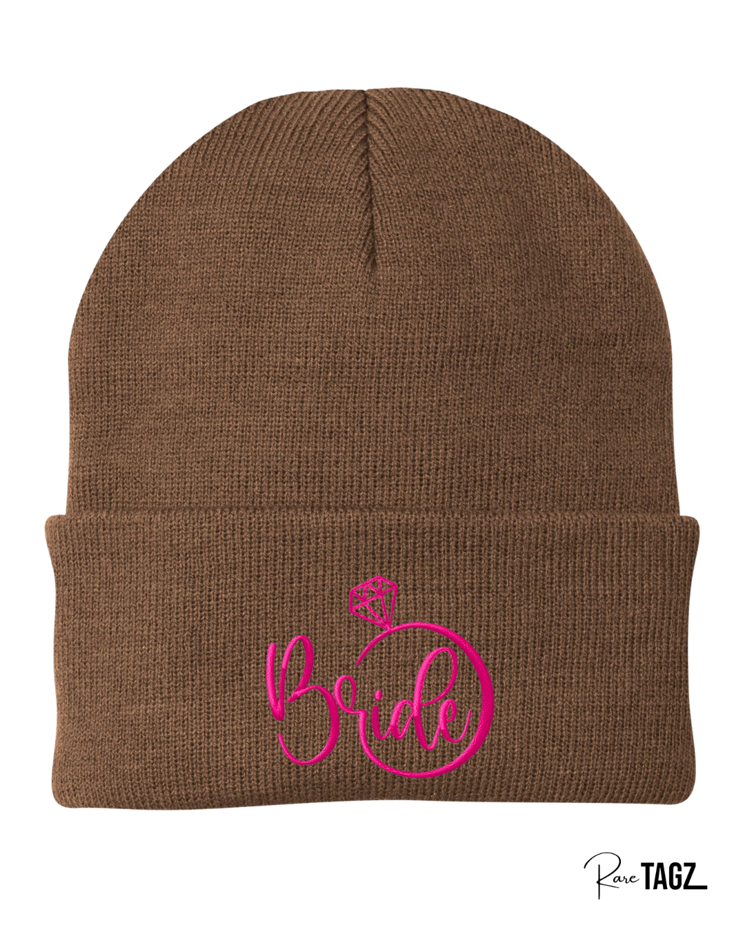 Brown embroidered Bride Beanie with hot pink thread and diamond ring detail - custom bridal winter hat by Rare Tagz