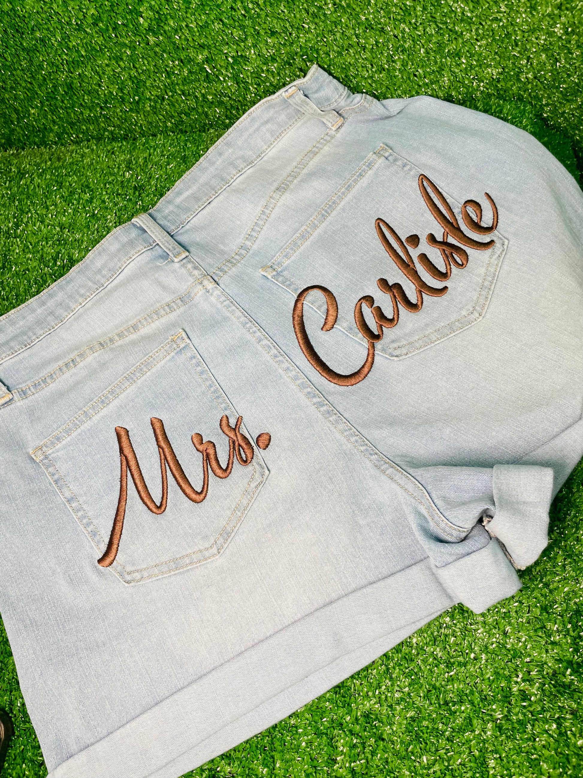 Custom denim shorts with custom embroidery on the back, perfect for birthdays, baecations, wedding, girls trips, and special events.
Newly engaged, fiancé, bride to be, wedding planning. Bridal showers, engagement party
