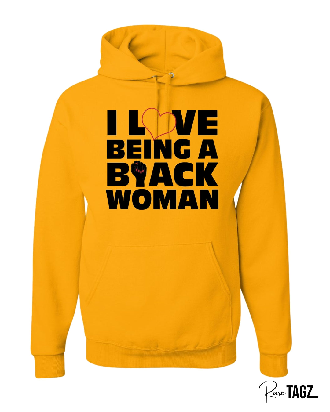 A stylish and comfortable hoodie with the empowering phrase 'I Love Being a Black Woman' boldly printed on the front. Perfect for showcasing pride, confidence, and cultural identity. Ideal for casual wear, this hoodie celebrates black womanhood and is perfect for those who want to make a bold statement. Great for layering in cooler weather, and a must-have for anyone proud of their heritage.
