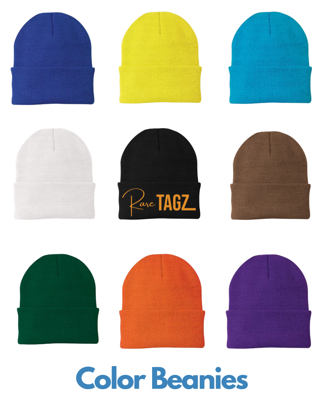 Custom beanie color options from Rare Tagz featuring blue, yellow cyan, white, black, brown, green, orange, and purple knit hats - perfect for personalized embroidery.