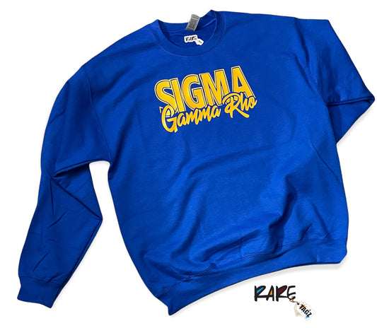 A blue crew-neck sweatshirt with 'SIGMA Gamma Rho' text in yellow.