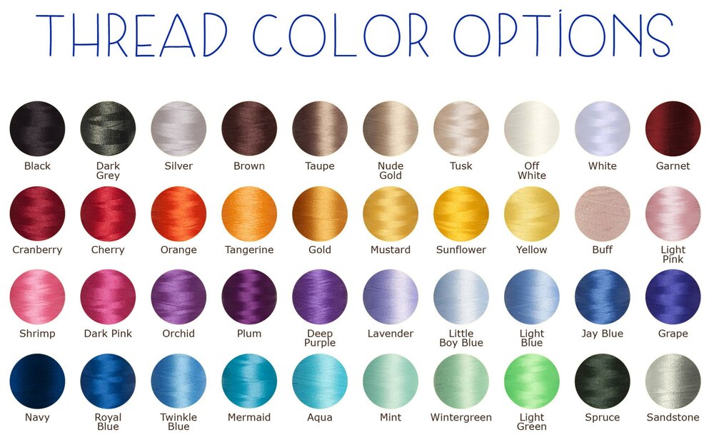 Rare Tagz embroidery thread color chart featuring 40 vibrant thread options including gold, lavender, mermaid, cranberry, mint, and more - custom embroidery color guide for personalized apparel.