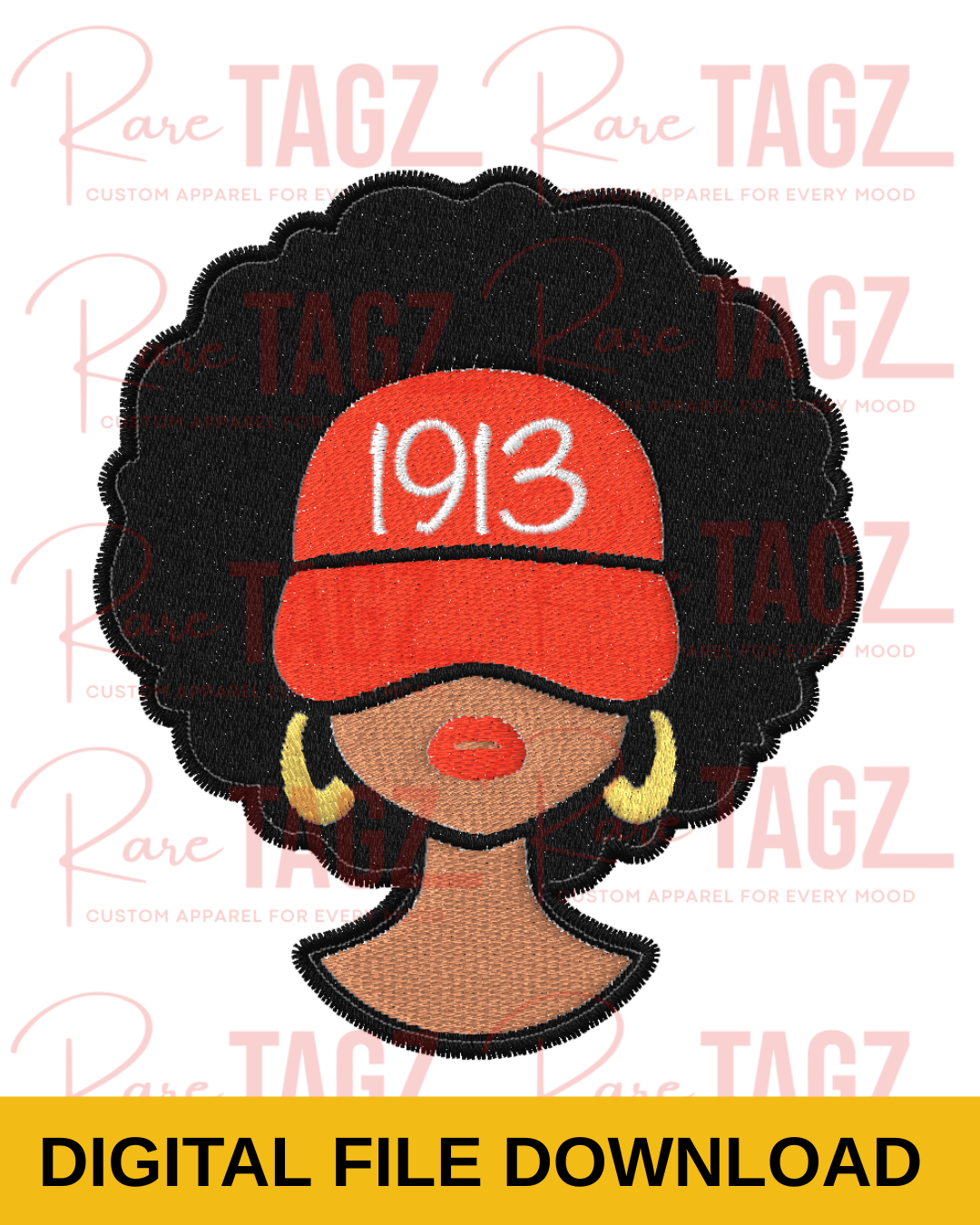 Embroidery design of a woman wearing a red '1913' cap with 'Rare TAGZ' branding.