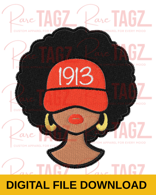 Embroidery design of a woman wearing a red '1913' cap with 'Rare TAGZ' branding.