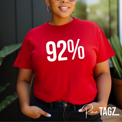 A premium quality t-shirt featuring the bold '92% Design' in celebration of Black women voters in the 2024 election. The shirt is available in a variety of colors and sizes, with the design prominently displayed on the front. Made from a soft, durable cotton blend, this t-shirt offers both comfort and style. Perfect for expressing pride and support for the significant impact of Black women voters.