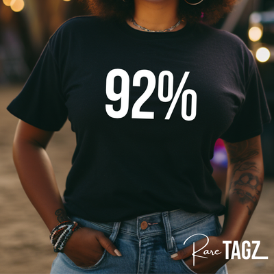 A premium quality t-shirt featuring the bold '92% Design' in celebration of Black women voters in the 2024 election. The shirt is available in a variety of colors and sizes, with the design prominently displayed on the front. Made from a soft, durable cotton blend, this t-shirt offers both comfort and style. Perfect for expressing pride and support for the significant impact of Black women voters.