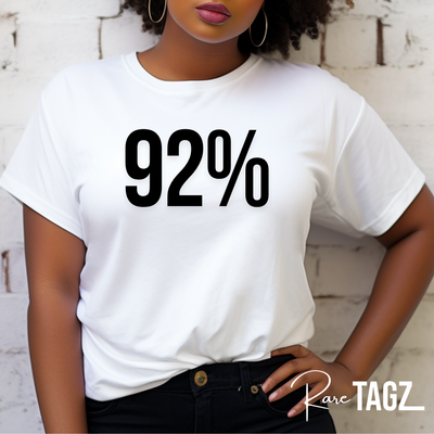 A premium quality t-shirt featuring the bold '92% Design' in celebration of Black women voters in the 2024 election. The shirt is available in a variety of colors and sizes, with the design prominently displayed on the front. Made from a soft, durable cotton blend, this t-shirt offers both comfort and style. Perfect for expressing pride and support for the significant impact of Black women voters.