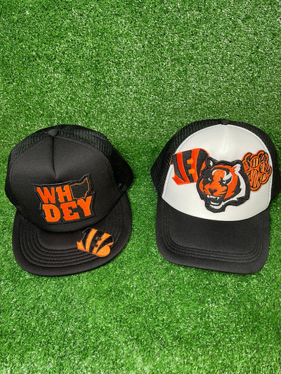 Custom Bengals Trucker hat with embroidered team patches, featuring a mesh back and adjustable snap closure.