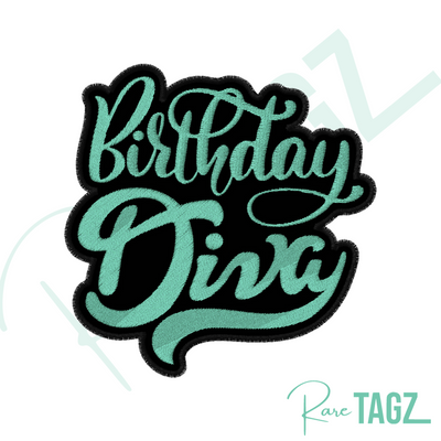 Colorful iron-on patch featuring the phrase 'Birthday Diva' with vibrant designs. Perfect for celebrating birthdays and adding a festive, stylish touch to jackets, backpacks, hats, and other clothing items.