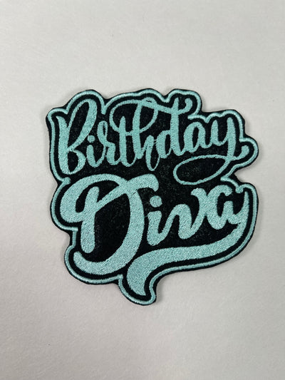 Colorful iron-on patch featuring the phrase 'Birthday Diva' with vibrant designs. Perfect for celebrating birthdays and adding a festive, stylish touch to jackets, backpacks, hats, and other clothing items.