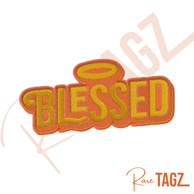 Elegant iron-on patch featuring the word 'Blessed' in stylish, cursive lettering. Perfect for adding a touch of positivity and inspiration to jackets, backpacks, hats, and other clothing items.