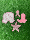 Breast Cancer Awareness Patch set featuring a cowboy boo with a breast cancer ribbon, a glitter star, boxing gloves with ribbon, and shimmering glitter ribbon patch.