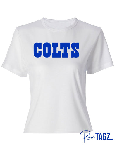 White t-shirt featuring bold COLTS text in blue across the chest offering a comfortable and stylish way to show team pride.