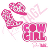 Set of three cow-girl themed iron-on patches: a detailed pink and white cowboy hat, a pink cowboy boot, and a patch with the words COWGIRL in bold pink letters on a white background.