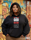 A stylish black woman wearing a black hoodie with the words Cause God Said I can in bold white and red lettering.