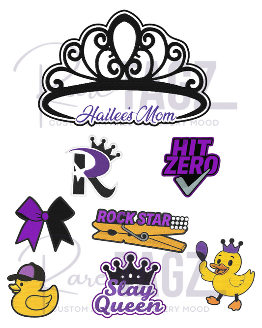 Collection of customizable designs including a tiara, bow, and duck with text on a white background.