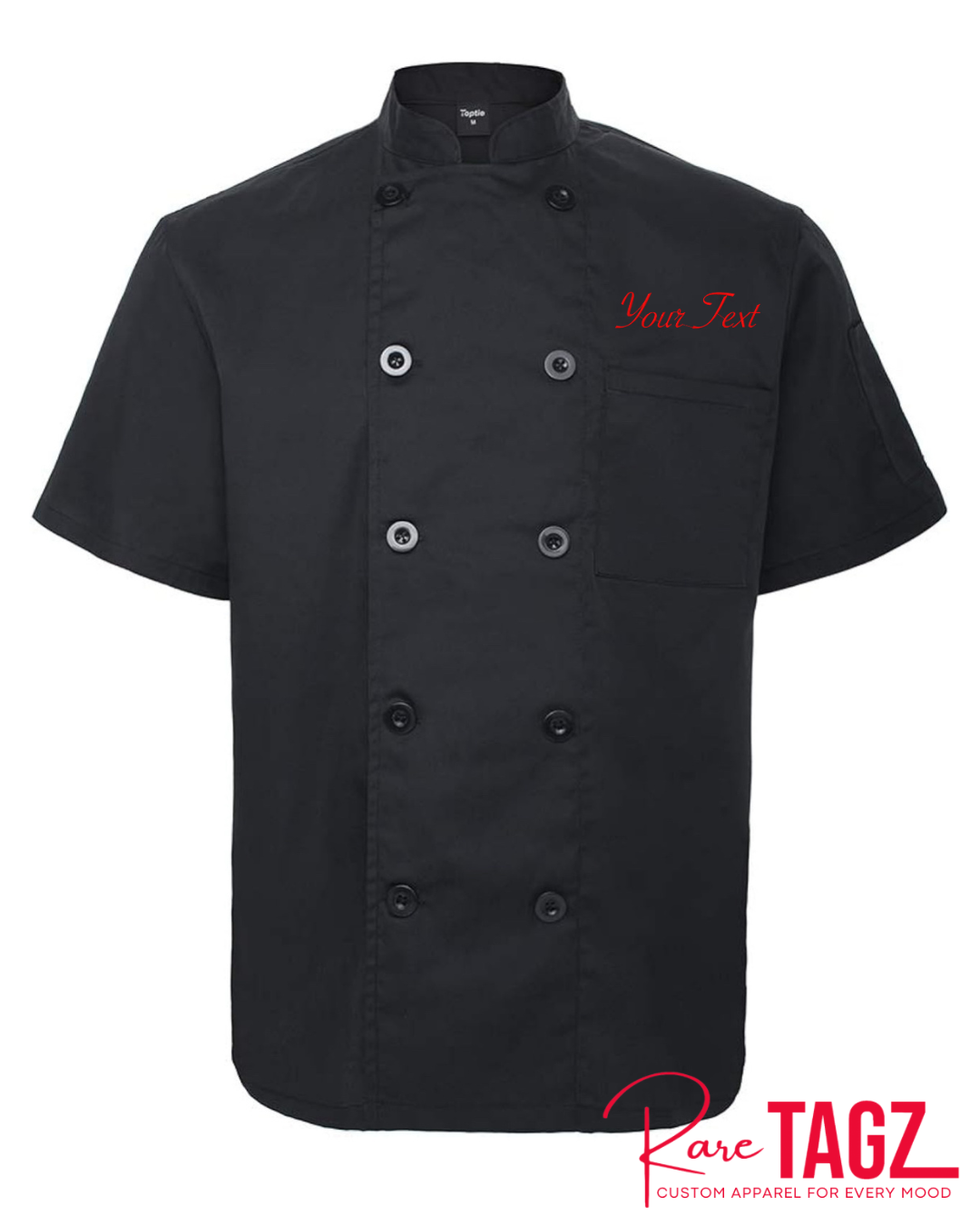 Black embroidered chef coat with "Your Text" on left chest, designed for professionals who want to showcase their brand.