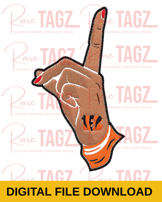 Cincinnati Number one fan hand digital embroidery design in orange, black, and brown, featuring a raised index finger and football inspired details.