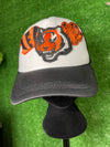 Custom Bengals Trucker hat with embroidered team patches, featuring a mesh back and adjustable snap closure.