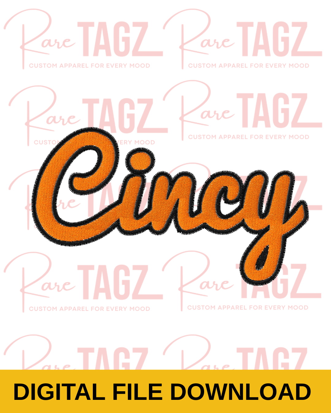 Cincy script machine embroidery design in orange for Cincinnati inspired apparel and embroidery projects.