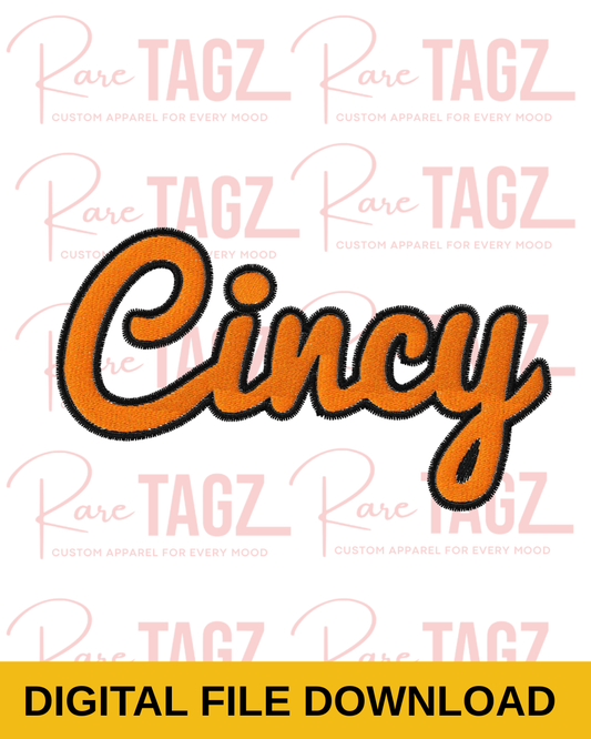 Cincy script machine embroidery design in orange for Cincinnati inspired apparel and embroidery projects.