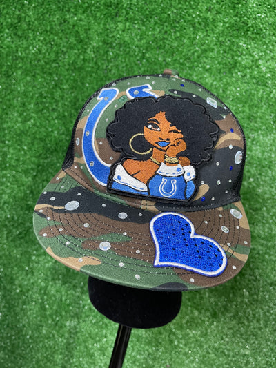 Custom Colts Diva Trucker hat with a sleek design, featuring embroidered patches and sparkling jewels.