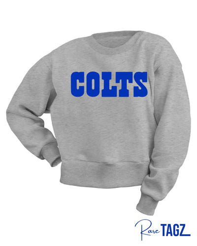 Gray sweatshirt featuring bold COLTS text in blue across the chest offering a comfortable and stylish way to show team pride.