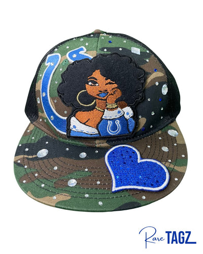 Custom Colts Diva Trucker hat with a sleek design, featuring embroidered patches and sparkling jewels.