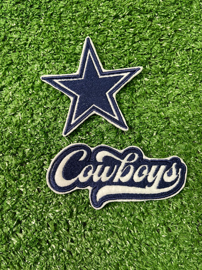 A set of Dallas Cowboys patches featuring the iconic star logo and the word cowboys. Perfect for customizing and showing off your Cowboys pride on jackets, trucker hats, or bags.