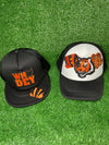 Custom Bengals Trucker hat with embroidered team patches, featuring a mesh back and adjustable snap closure.