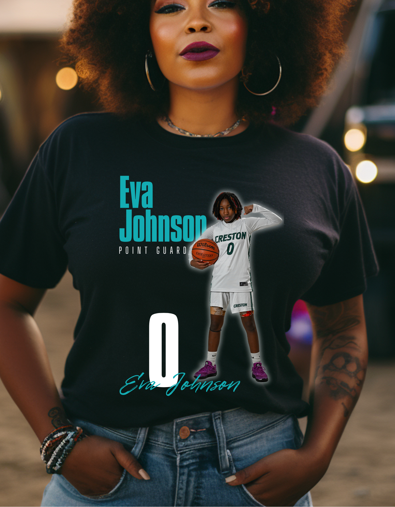 Custom black basketball shirt featuring a young female atahlete in uniform holding a basketball with her name Eva Johnson position, and jersey humber printed in bold graphic text. 
