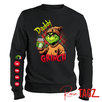 Customizable sweatshirt featuring a playful 'Daddy Grinch' design. The sweatshirt can be personalized with the names of children, making it a unique and festive piece. Perfect for dads looking to celebrate the holiday season with a touch of fun and personalization.