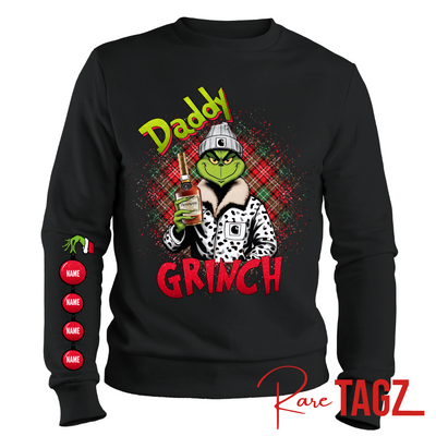 Customizable sweatshirt featuring a playful 'Daddy Grinch' design. The sweatshirt can be personalized with the names of children, making it a unique and festive piece. Perfect for dads looking to celebrate the holiday season with a touch of fun and personalization.