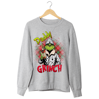 Customizable sweatshirt featuring a playful 'Daddy Grinch' design. The sweatshirt can be personalized with the names of children, making it a unique and festive piece. Perfect for dads looking to celebrate the holiday season with a touch of fun and personalization.