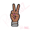 Custom embroidered Deuces patch depicting a hand with two fingers raised in a peace sign adorned with bangles and matching nails.