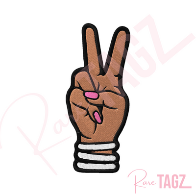 Custom embroidered Deuces patch depicting a hand with two fingers raised in a peace sign adorned with bangles and matching nails.