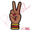 Custom embroidered Deuces patch depicting a hand with two fingers raised in a peace sign adorned with bangles and matching nails.