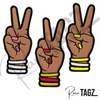 Custom embroidered Deuces patches depicting a hand with two fingers raised in a peace sign adorned with bangles and matching nails.