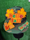 A set of 5 fall themed patches including Hello Fall, Hot Girl Fall, and Love with a pumpkin as the O. The bundle also features two leaf designs.