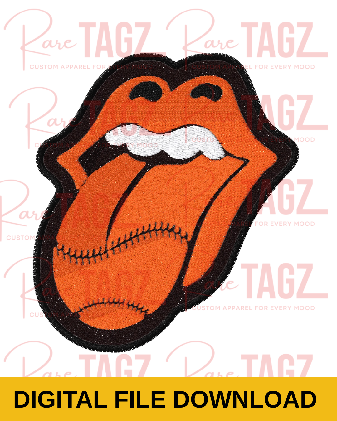 orange and black embroidered game day patch featuring bold lips and football shaped tongue. Cincinnati football inspired