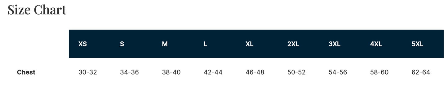 Size chart for clothing with chest measurements in centimeters