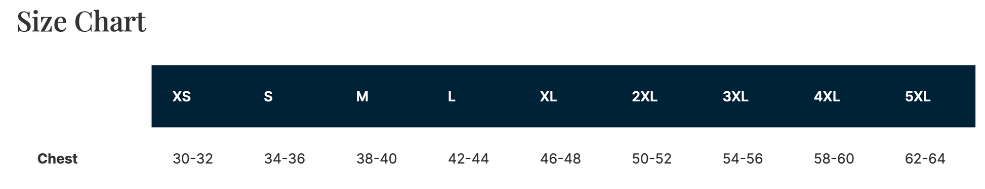Size chart for clothing with chest measurements in centimeters