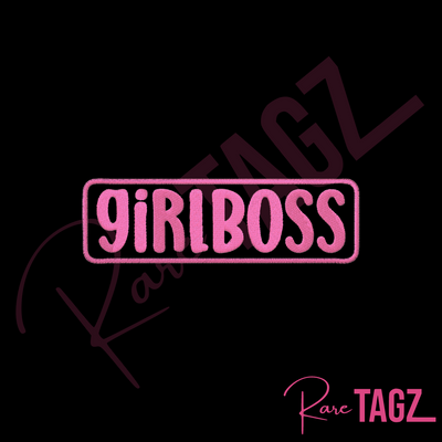 Embroidered iron-on patch that reads GIRLBOSS in bold, stylish pink letters, perfect for adding an empowering touch to jackets, bags, or trucker hats.