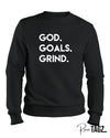 Cozy God Goals Grind sweatshirt with a bold motivational design for everyday wear.