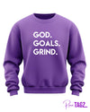 Cozy God Goals Grind sweatshirt with a bold motivational design for everyday wear.