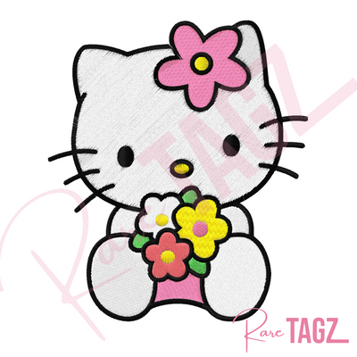 Hello Kitty holding an arrangement of colorful flowers on a patch. Perfect for personalizing jackets, bags, and trucker hats.