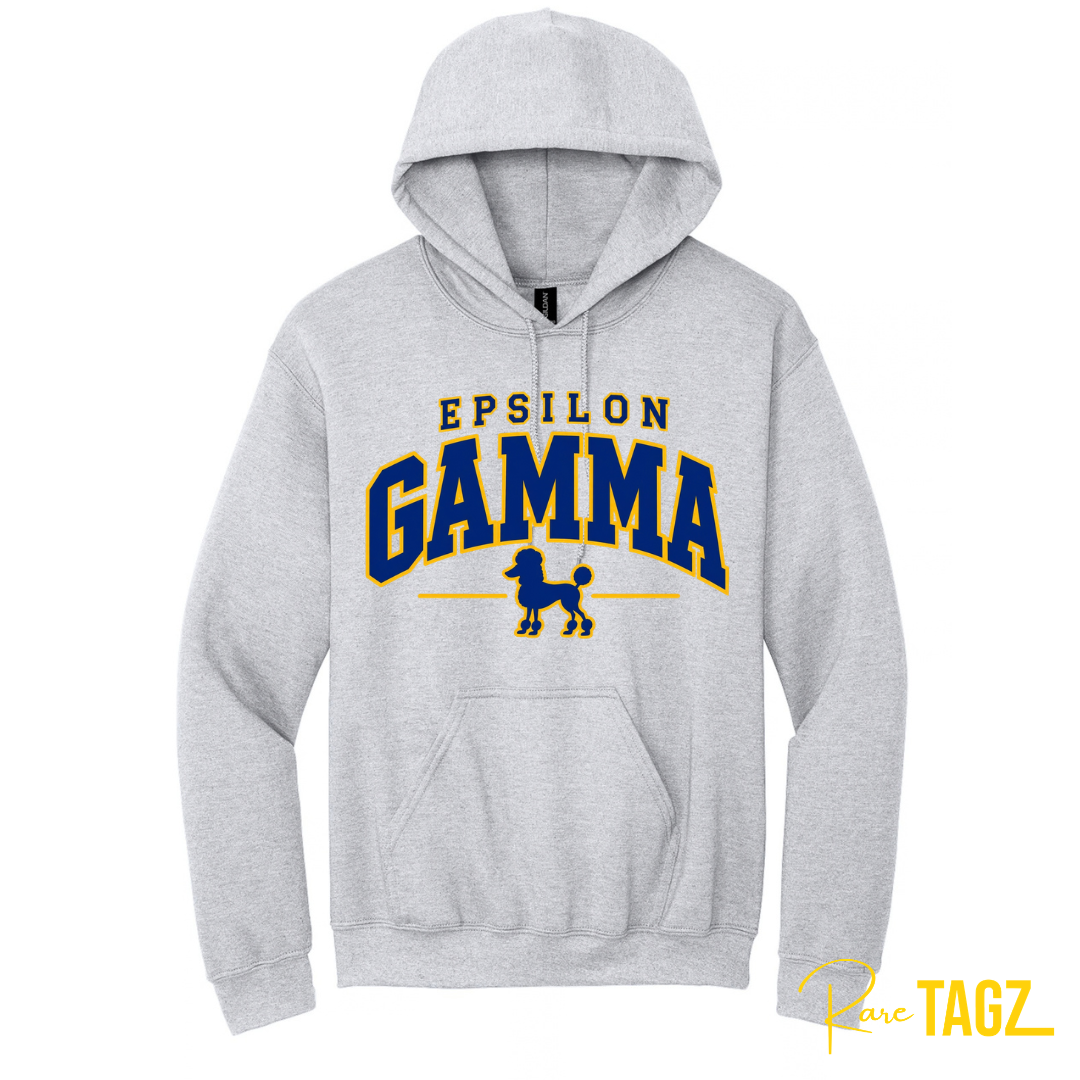 A light heather gray pullover hoodie with a 'EPSILON GAMMA' graphic printed on the chest in navy blue and yellow, featuring a poodle silhouette. The hoodie is displayed on a clean white background with a 'Rare TAGZ' watermark in the bottom right corner.